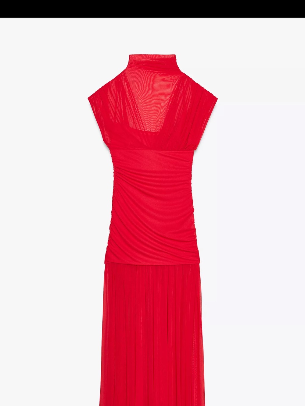 Zara Red High-Neck Ruched Maxi Dress with Sheer Yoke